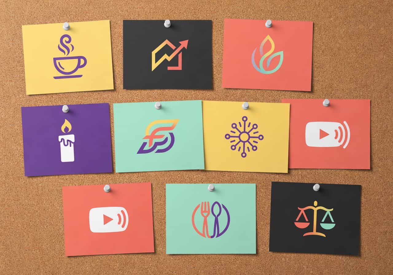 AI-generated business logo concepts for restaurants, real estate, beauty salons, fitness, Etsy, Shopify, and YouTube creators