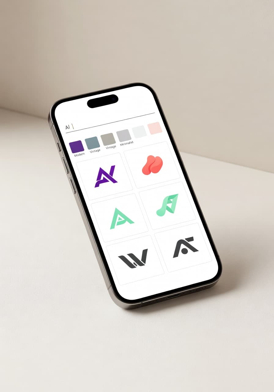 Logify AI Logo Maker app on iPhone with a logo concept grid